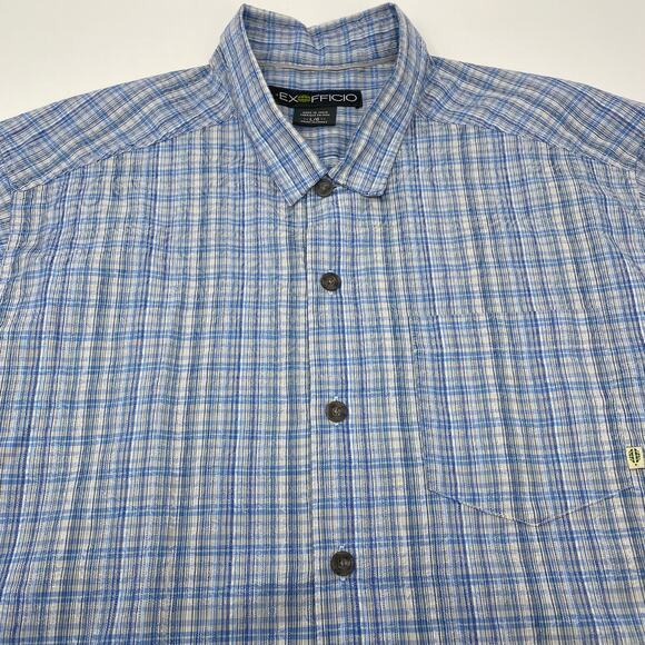 Exofficio‎ Mens Large Blue Striped Patterned Button Up Short Sleeve Shirt - Picture 1 of 6
